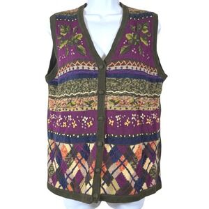 Vintage Floral Sweater Vest Women Small Cottagecore Forrest granny chunky Argyle
